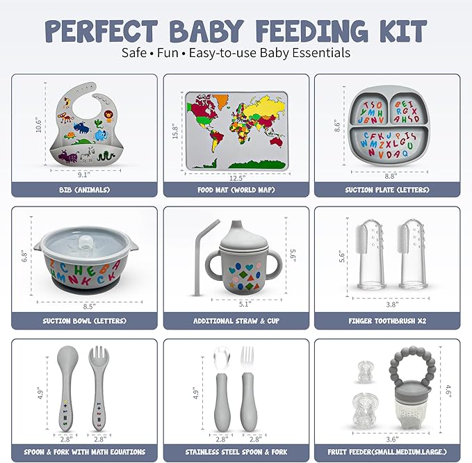 Tots and Thoughts 16-Piece Silicone Baby Feeding Set – Educational – Baby Led Weaning Supplies – BPA-Free – Placemat, Suction Plate, Bowl, Bib, Sippy Cup, Spoons, Forks – Microwave/Dishwasher Safe