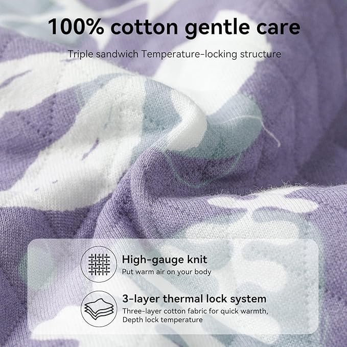 Unnivoll Baby Sleep Sack 18-24 Months 1.5 Tog Baby Wearable Blanket 100% Cotton Fabric Warm Sleeping sack with 2-Way Zipper Quilted for Toddler Infant Tog Purple Leaves