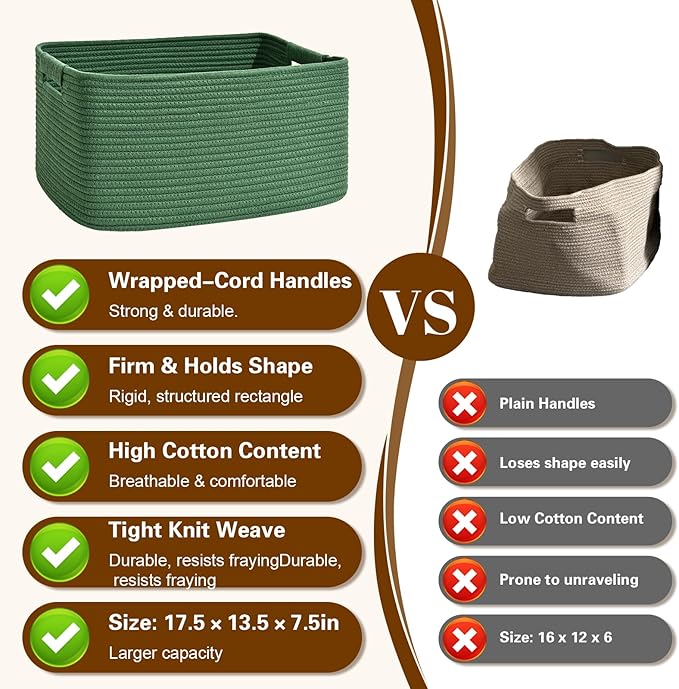 2 Pack Large Storage Basket for Organizing, 17.5"x13.5"x7.5" Woven Basket for Shelves, Closet Cube Storage Bins with Wrapped Handle, Cotton Rope Baskets for Kitchen, Clothes, Toys(Green)