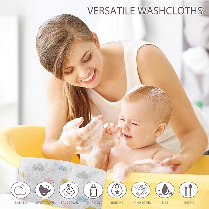 4 Pack Baby Washcloths 100% Cotton Soft and Absorbent Terry Wash Cloths for Sensitive Skin Face Hand Body Burp Rag Wipes Essentials for Newborns Infants Toddlers Girls Boys
