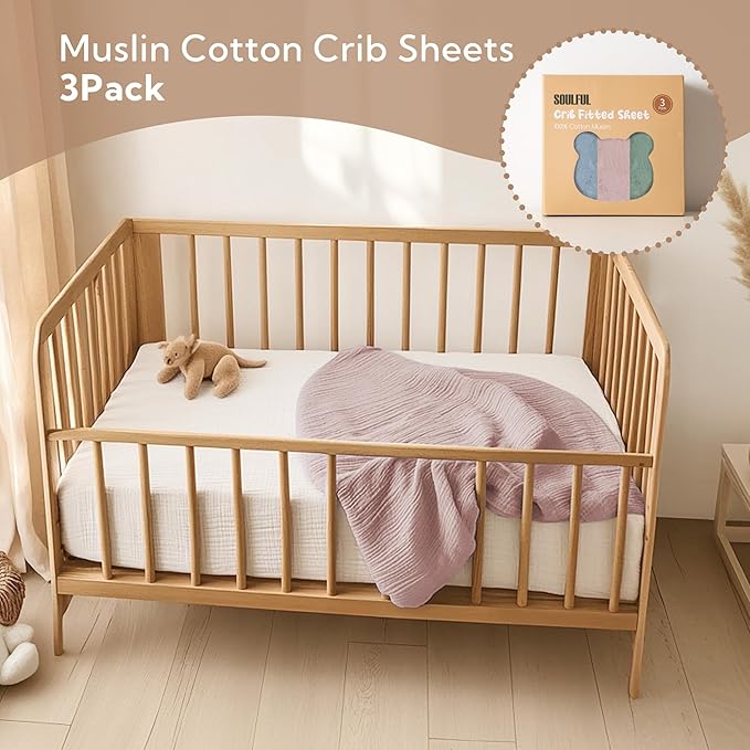 SOULFUL Muslin Crib Sheets for Boys Girls, 3 Pack Soft and Breathable Cotton Fitted Crib Sheets for Standard Crib Mattress (28"x 52", Blue & Dusty Rose & Green)