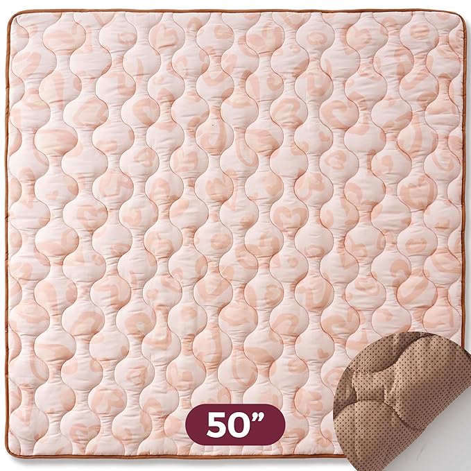 Momcozy Baby Play Mat for Floor, 50x50 Thickened Playpen Mat, Playmate for Baby Tummy Time, Waterproof & Non-Slip, Foldable Outdoor Mat with Carrying Handle, Leopard Heart