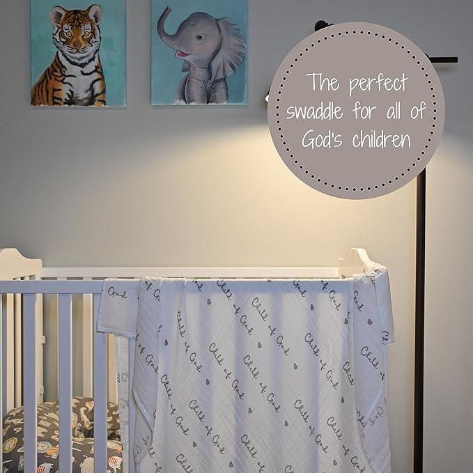 LollyBanks Muslin Swaddle Blankets 2PACK, 100% Cotton Baby Blanket 47 x 47 Inches, Large Baby Swaddle Breathable, Muslin Blankets for Boys and Girls (Child of God and Noah's Ark Print)