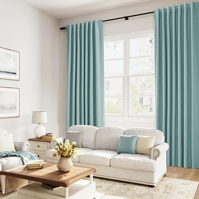 Guken 100% Blackout Linen Curtains 84 Inch Length 2 Panels Set for Living Room Bedroom Back Tab Thermal Insulated Black Out Linen Drapes Room Darkening Window Curtains 84 Inches Long,Light Blue