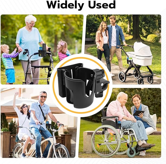 2pc Stroller Cup Holder with Phone Holder, Removable 2-in-1 Drink Holder for Golf Cart Accessories, 360 ° Rotatable Bottle Holder for Wheelchair, Stroller, Bicycle,Scooter, Walker
