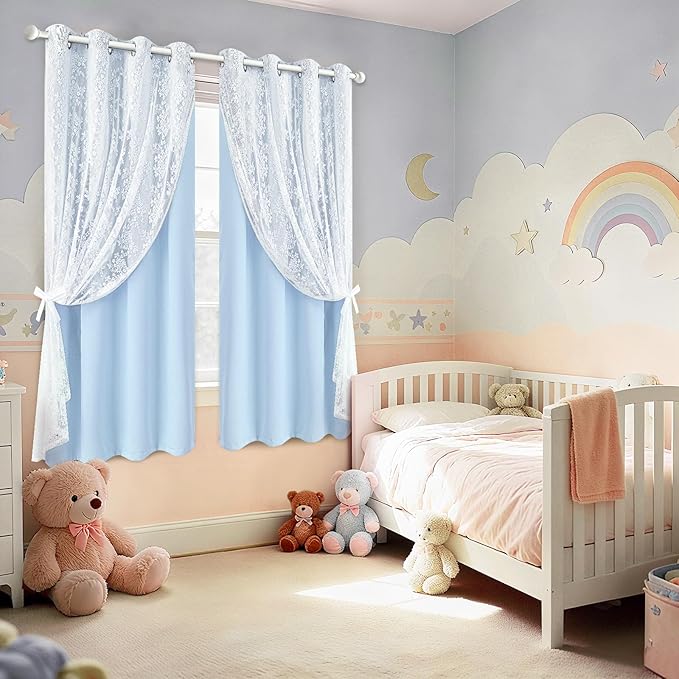 Yinhua Double Layer Blackout Curtains for Bedroom Blue Curtains for Living Room 84 Inch Length 2 Panels Set Kid Curtain with Tiebacks, Grommet Drapes with Floral Sheer Overlay, 52" W x 63" L
