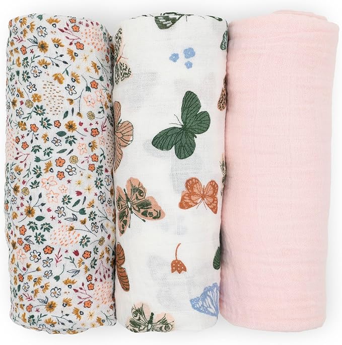Little Unicorn Muslin Swaddle Blanket for Newborns & Infants | Soft & Breathable Fabric | Set of 3 Baby Blankets for Swaddling, Nursing, Shower Gifts (Butterflies)