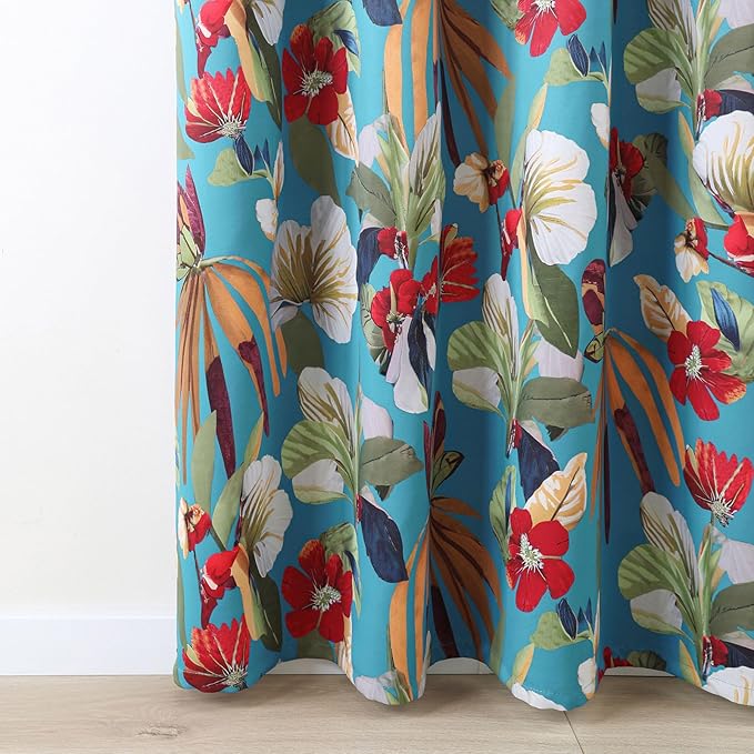 L.Z.E Teal Floral Curtains for Bedroom Turquoise Blackout Vintage Patterned Curtains 84 Inch Long 85% Room Darkening Drapes for Living Room Thermal Grommet Top 2 Panels Set Retro Boho
