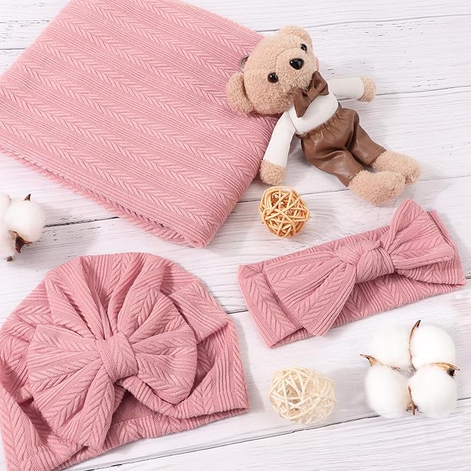 DRESHOW BQUBO Baby Swaddle Blankets for Girls, 4PCS Newborn Accessories Set with Hat and Bow Headband with Hello World Wooden Birth Announcement Card, Baby Blankets for Girls