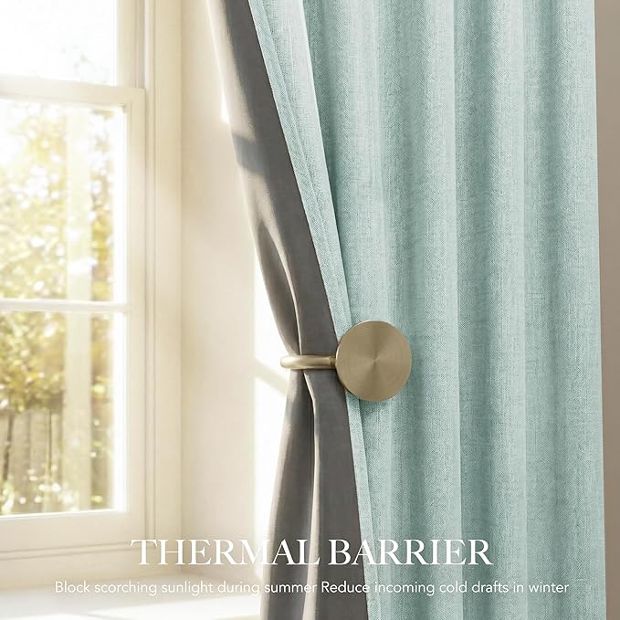 NICETOWN Seafoam Green Blackout Linen Curtains 95" Long, Rod Pocket Back Tab Full Light Blocking Drapes with White Thermal Insulated Liner for Nursery, Hall, Villa (2 Pieces, 52" Wide Each Panel)