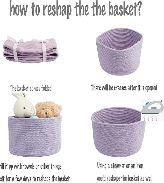 Small round Storage Basket - 3-Pack Round Cube Bins (10x10x7'') for Shelves, Closets & Bookcases | Durable Rope Organizers for Nursery, Baby, Toys, Easter & More (purple)