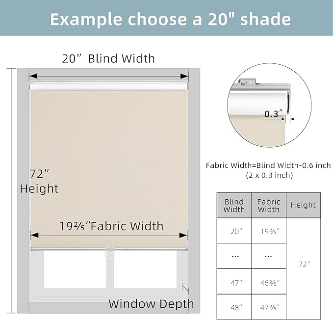 ChrisDowa Cordless Free-Stop 100% Blackout Blinds for Windows, Roller Windows Shades with Thermal Insulated, UV Protection Fabric for Living Room, Office and Home. Easy to Install.Beige,47" W X 72" H