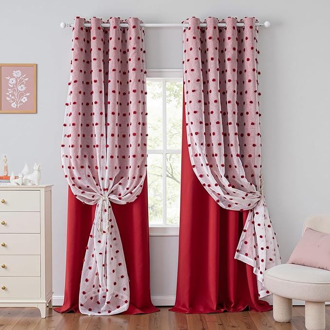 MYSKY HOME Long Curtains for Living Room 95 Inches Length Red Pom Pom Sheer and Blackout Sliding Glass Door Curtain Grommet Double Layer Room Darkening Window Panels for Patio, Red, 52" Wide, Set of 2