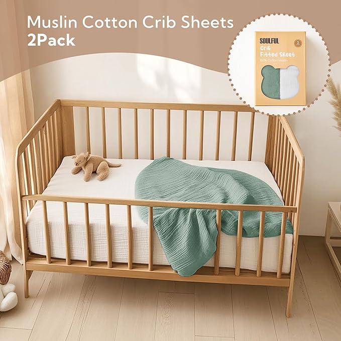SOULFUL Muslin Crib Sheets for Boys Girls, 2 Pack Soft and Breathable Cotton Fitted Crib Sheets for Standard Crib Mattress (28"x 52", White & Green)