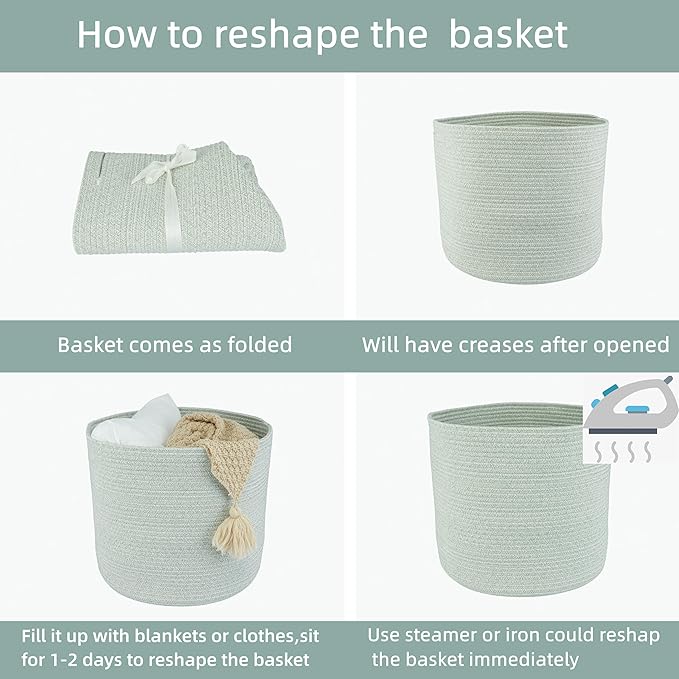 Cotton Rope Baskets For Girls Boys Kids 16”X14” Baby Laundry Basket Nursery Bin Round Woven Basket Organizer For Storage Toys Blankets Shoes Clothes light green