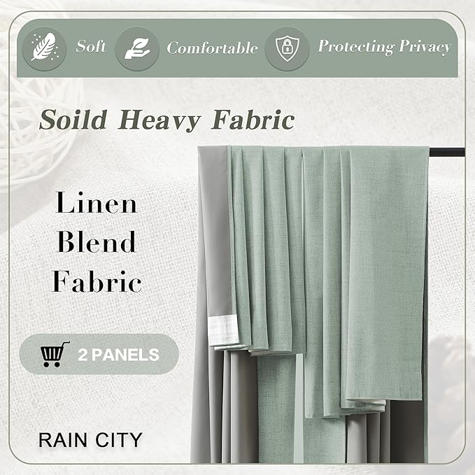 RAIN CITY Light Green Linen Blackout Curtains 84 Inch Long for Living Room,2 Panels Pinch Pleated Drape with Hooks Back Tab Boho Decor, Textured Full Black Out Curtains for Bedroom 50 x 84