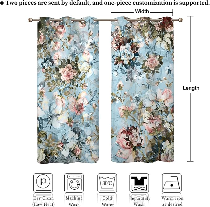 Renaiss Blue Rose Floral Blackout Curtains, Light Blue Watercolor Flowers Blossom Bedroom Window Curtains, Vintage Grommet Window Drapes for Living Room 53W x 84L 2 Panels Set