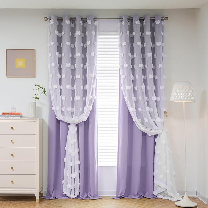 MYSKY HOME Light Blocking Lilac Curtains for Living Room White Sheer Pom Pom Kids Room Decor Drapes 108 Inches Long Double Layer Curtain for Sliding Door Grommet Window Panels Set of 2 52" x 108"