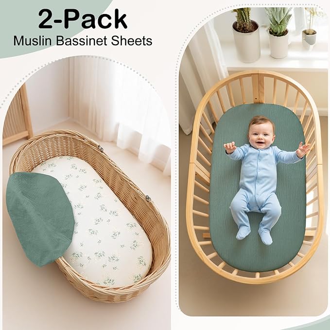 Baby Bassinet Sheets TPU Waterproof 2 Pack Soft Muslin Bedside Bassinet Mattress Sheets with Bottom Elastic Band for Baby Boy Girls Unisex Fit Hourglass Oval and Rectangle, Dark Green