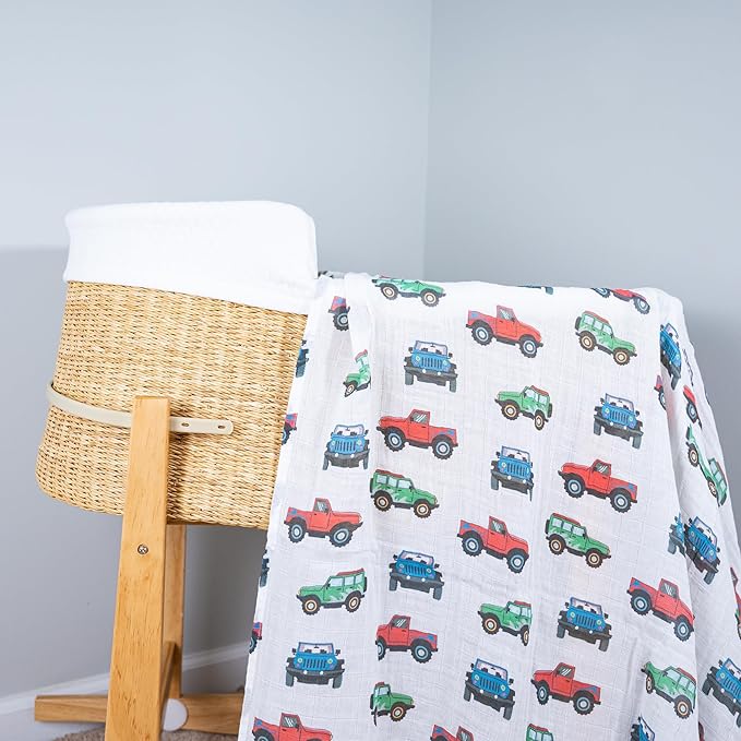 LollyBanks Muslin Swaddle Blankets, 100% Cotton Baby Boy Blanket 47 x 47 Inches, Soft Baby Swaddle Breathable, Muslin Blankets for Boys, Newborn Essentials, Registry (Vehicle Print)