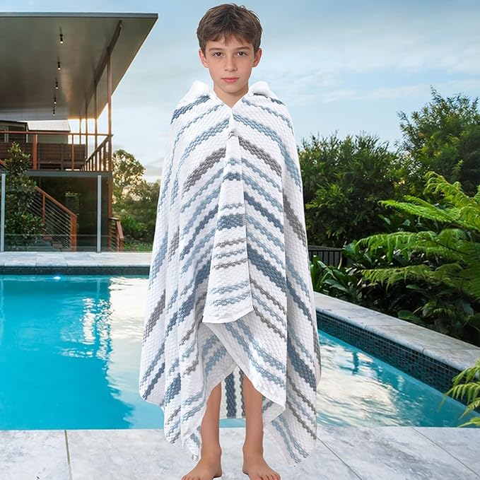 VOOVA & MOVAS Hooded Bath Towel for Teens/Big Kids (8-14 Years,64"X33") | Soft Quick Drying Absorbent 100% Cotton Thick Towel Wrap | Versatile Beach, Pool, Swim & Bathroom Cover-Up | Blue Gray Stripe