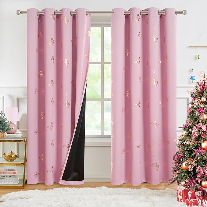 Jubilantex Gold Butterfly Print Blackout Curtains 95 Inches Long for Bedroom Kids Bedroom Nursery Floral Print Window Curtains with Black Layer,Grommet Top 2 Panels