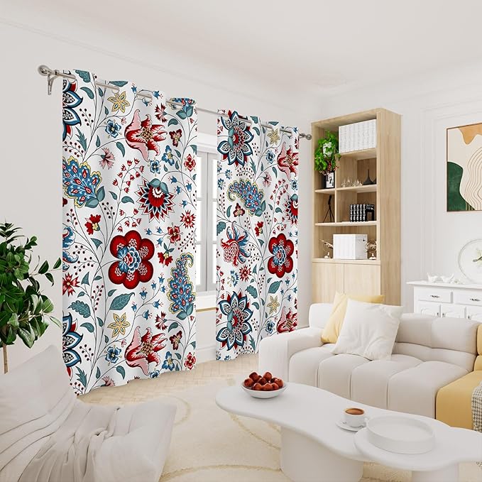 Renaiss Boho Floral Blackout Curtains, Bohemian Flower Plant Print Thermal Insulated Bedroom Window Curtains, Botanical Art Window Curtains for Kitchen, 63" L x 53" W 2 Panel Set