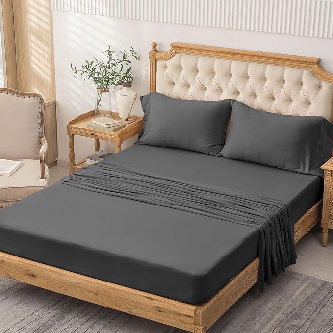 PURE ERA Jersey Knit 4pc Bed Sheet Set 100% T-Shirt Cotton Super Soft Comfy Breathable Fits Mattress Up to 20" Extra Deep Pocket (Solid Deep Grey, Queen)