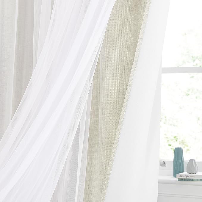 NICETOWN Linen Semi Sheer Curtains for Bedroom, Double Layer Curtains Light Filtering Elegant Grommet Top Curtains & Drapes for Living Room, 52 x 84 Inch Length, Set of 2 Panels, Natural
