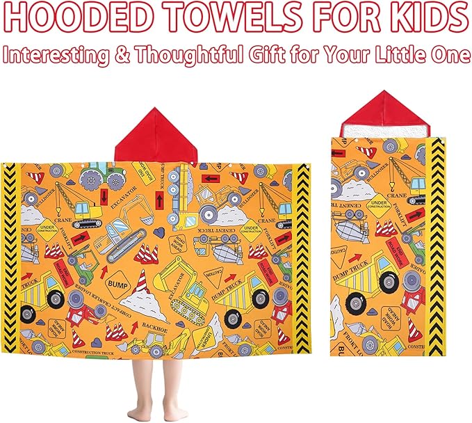 Hooded Beach Towels for Kids - Ultra Soft 100% Cotton Excavator Toddler Hood Bath Towels/Pool Terry Towel Beach Poncho Wrap Absorbent Cute Bath & Swim Wrap Gift for Boys & Girls 3-10 Years - Yellow