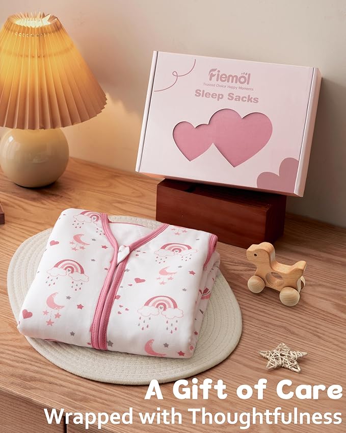 FIEMOL Rayon Made from Bamboo Baby Sleep Sack 0-6 Months, 1.0 Tog Baby Wearable Blanket, Soft Sleeping Bag for Newborn Infant Babies with 2-Way Zipper 2 Pack (Small) Pink Rainbow