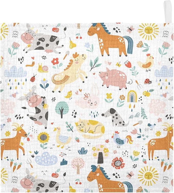Cute Farm Animals Baby Muslin Washcloths - Soft Face Towel for Newborns, 11.8 X 11.8 Inch, 3 Pack
