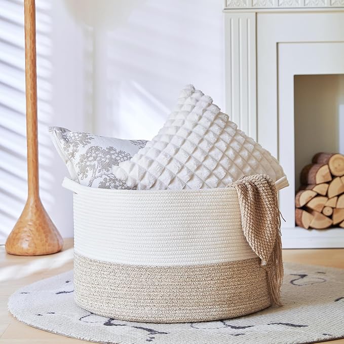 Extra Large Cotton Rope Basket 22" x 14" - Toy Basket for Kids -Blanket Basket for Living Room - Woven Baskets for Storage