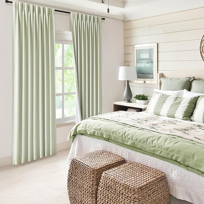 WEST LAKE Pinch Pleated Full Blackout Curtain Panels 112 Inches Length,Soft Green Linen Blend Drapes for Bedroom,Thermal Insulate Window Treatment,Back Tabs Hooks,60" Wx112 L(Pack of 1)