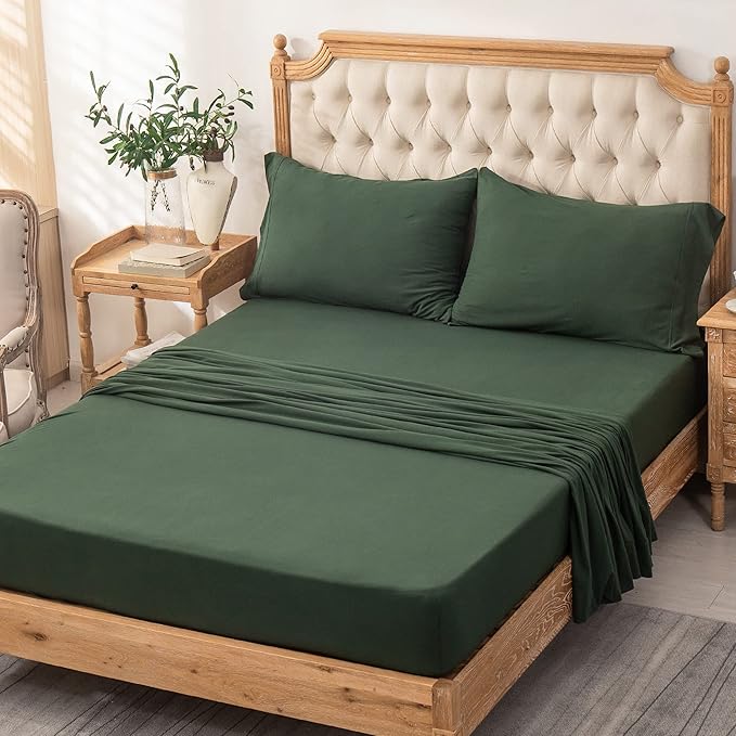 PURE ERA Jersey Knit 4pc Bed Sheet Set 100% T-Shirt Heather Cotton Super Soft Comfy Breathable Fits Mattress Up to 20" Extra Deep Pocket (Forest Green, Cal King)