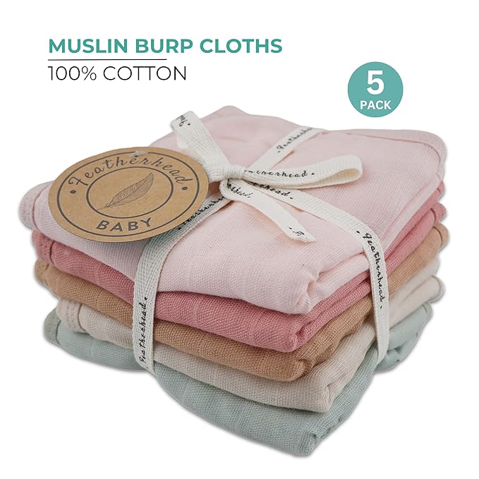 Featherhead 5 Pack Muslin Baby Burp Cloths for Boys & Girls, 22" X 11", Premium Cotton Muslin and Terry Spit up Rags, Super Soft and Absorbent (Pink Solids)