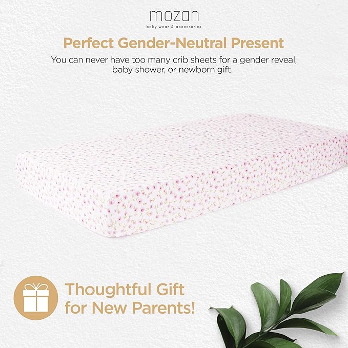 MOZAH Organic Muslin Crib Sheets, Soft and Breathable Bedding for Baby Girls or Boys, Snug Fitted Sheet for Standard Cribs & Toddler Mattresses, 2 Pack, Pink and Pink Leaves