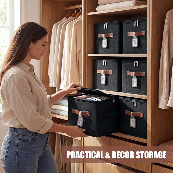 6 Pack Fabric Closet Storage Bins with Zipper Lids and Label, 15x10x10In Large Size Foldable Cotton Linen Storage Cubes Boxes with PU Leather Handles Holder for Bedroom, Shelf, Nursery, Black