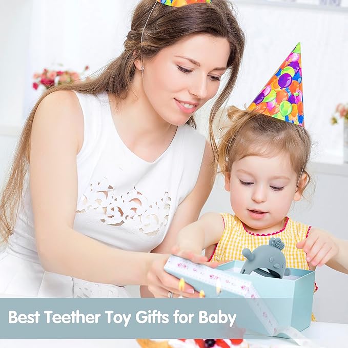 Baby Teether Toy for Infants 3–24 Months, Silicone Biting Toy with Handle, Textured Surface for Gum Soothing, Easy to Hold and Clean, Travel-Friendly Design (Chicken Dusty Blue)