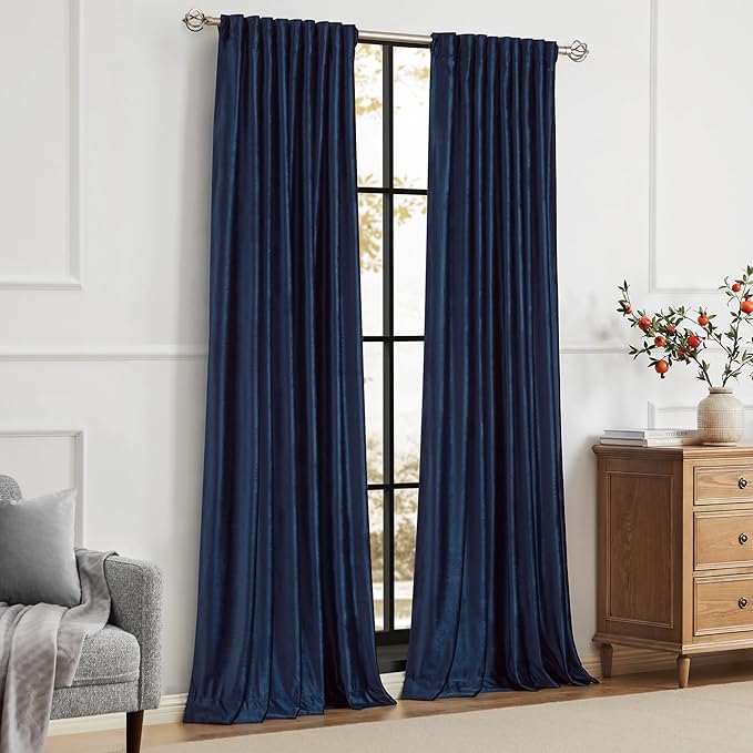 PRIMROSE Navy Blue Velvet Curtains 96 inch Long for Living Room,Set of 2 Panels Blackout Rod Pocket Back Tab Window Treatment Room Darkening Heavy Decorative Curtains Drapes for Bedroom