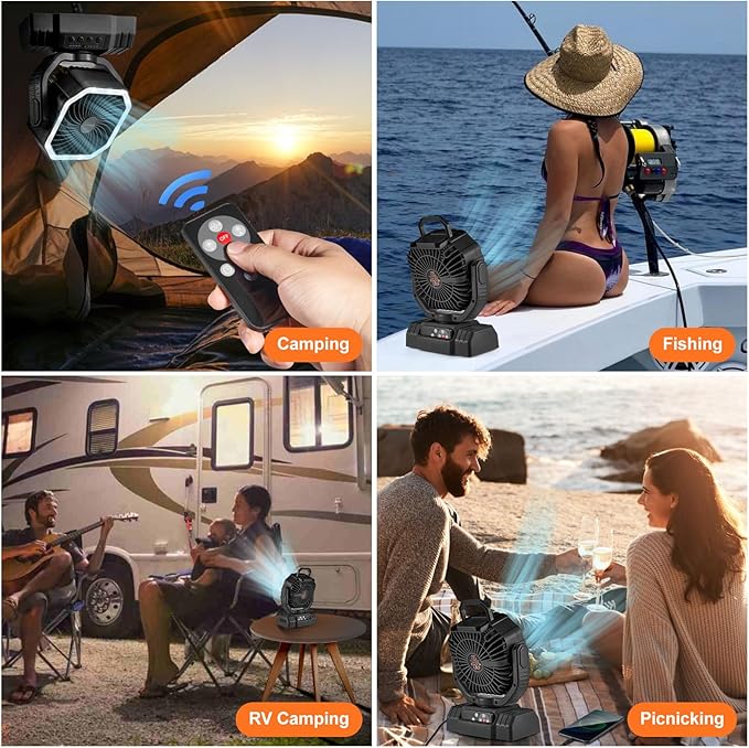 Odoland Portable Camping Fan with LED Lantern, 20000mAh Rechargeable Battery Powered Fan with Auto Oscillation, Timer, Remote, 360° Rotation Hook, 4 Speeds for Power Outage Travel Home, Black