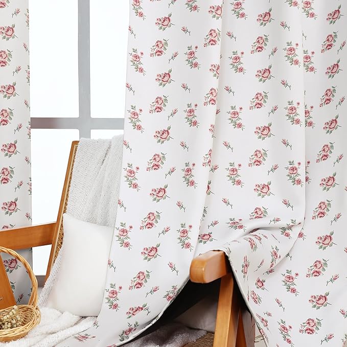 Pink Cute Floral Blackout Curtains for Nursery Girls Bedroom,Vintage Shabby Chic Light Pink White Green Boho Cottage Core Curtains for Kids Teen Coquette Room Decor 84 Inch Long 2 Panels