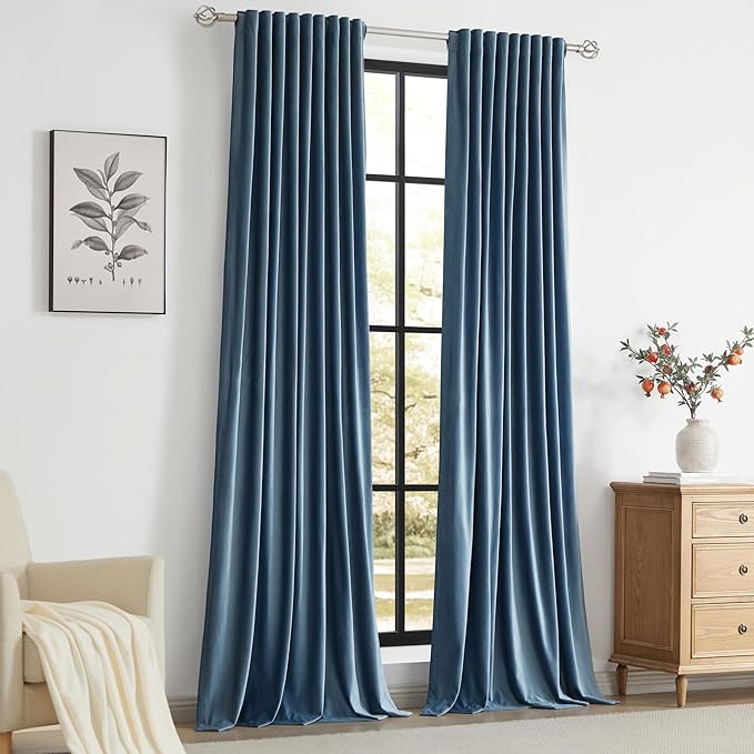 PRIMROSE Velvet Curtains 90 inch Long for Living Room,Set of 2 Panels Stone Grayish Blue Blackout Rod Pocket Back Tab Window Treatment Room Darkening Heavy Decorative Curtains Drapes for Bedroom