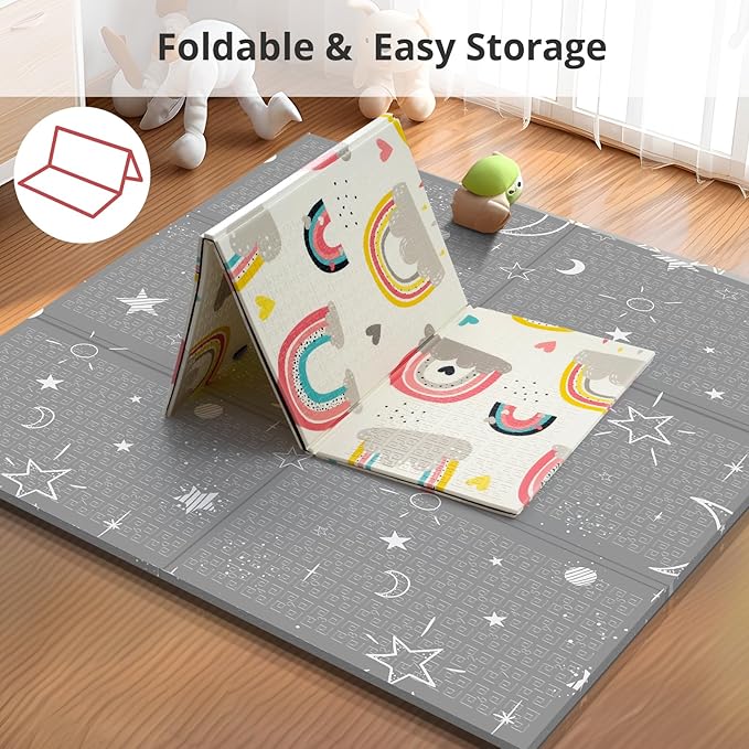 Foldable Foam Baby Play Mat for Floor, Babies Activity Tummy Time Playmat, Kids Non Toxic Foam Thick Play Mat for Baby, Toddlers, Waterproof & Anti-Slip Crawling Mats,Rainbow,59x59x0.4
