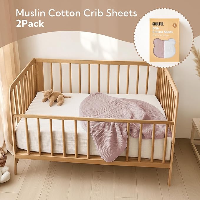 SOULFUL Muslin Crib Sheets for Boys Girls, 2 Pack Soft and Breathable Cotton Fitted Crib Sheets for Standard Crib Mattress (28"x 52", White & Dusty Rose)