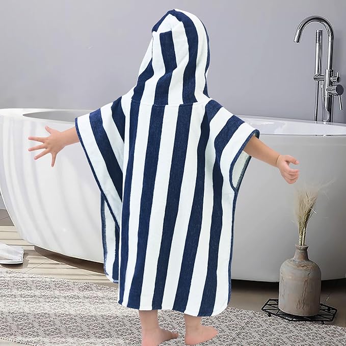 Toddler Poncho Towels with Hood, Oversized (2-4Years,22"X22") Made from 100% Soft Cotton,Absorbent Hooded Towels for Baby Boys,Perfect for Pool | Swimming | Bath | Beach,Navy Blue Stripe