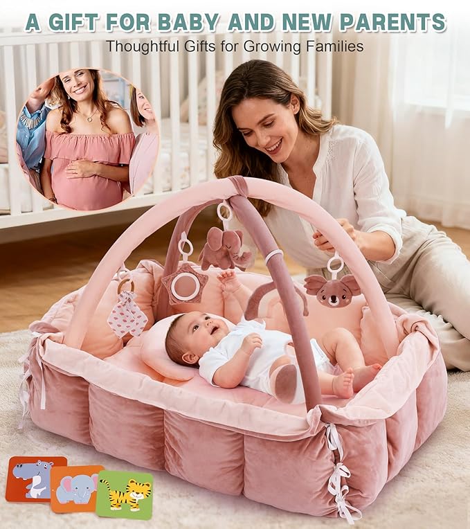 5-in-1 Baby Play Gym and Tummy Time Mat, Tummy Time Pillow & 12 Learning Cards, Plush Activity Mat with 6 Toys, Baby Gym, Convertible to Ball Pit, Baby Gift, Pink