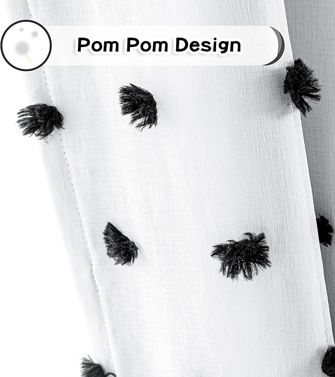 MYSKY HOME Blackout Curtains for Kids Bedroom 100% Light Block Out Thermal Insulated Curtain 63 Inches Grommet Room Darkening Curtains Privacy Window Drapes with Black Pom Pom Sheers,2 PCS, 52" x 63"