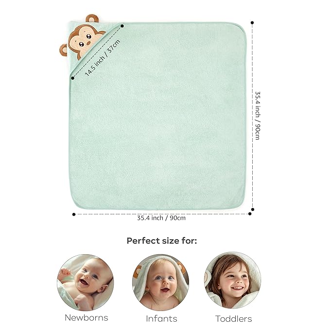 Bamboo Baby Towels with Hood β Mint Green 35x35β | Ultra-Soft Rayon from Bamboo & Cotton Bath Wrap | Adorable Monkey Hood for Newborns, Infants & Toddlers for Boys & Girls