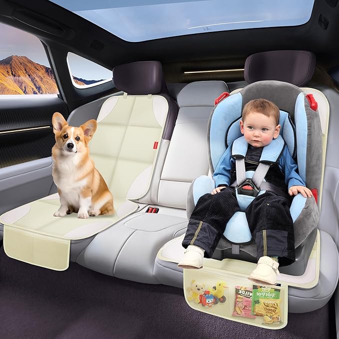 Car Seat Protector, 2 Pack 600D Fabric Seat Protector Under Baby Car Seat with Upgraded Non-Slip Backing, Thickest Padding, Mesh Storage Pockets